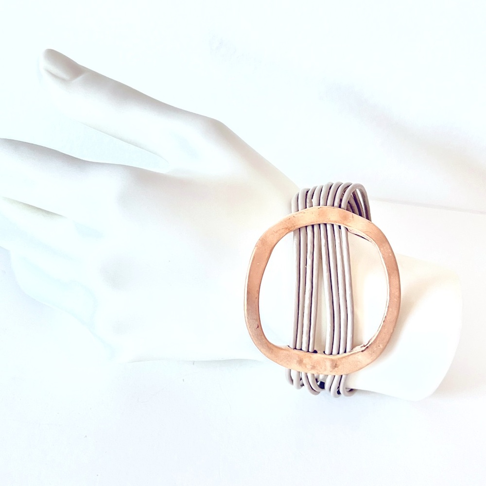 Open Oval matte gold Taupe Magnetic statement Bracelet  Multi-Strand Leather 7"